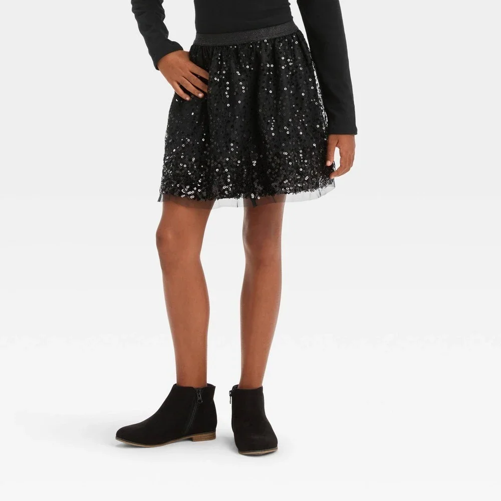 Cat & Jack Girls' Black Pull On Sequins Skirt Size X-Small 4/5